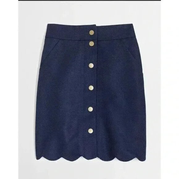 "NWT" J. Crew Button-Front Scallop Skirt In Navy Blue- Women's Size 6 - Picture 1 of 10